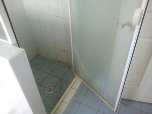 Aussie Domestics Pic 2 - BEFORE Glass was snowed over in soap scum rust on tiles and grout was covered in mould