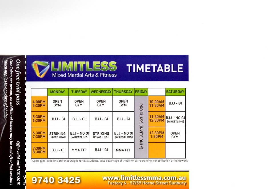 Limitless Mixed Martial Arts & Fitness Pic 1 - Current timetable