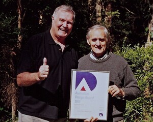 LEAFSCREENER Pic 3 - Peter Whittle at LEAFSCREENER Sydney with the famous leaf guard inventor Michael Sichel Michael Sichel is credited as being the inventor of the modern skislope style gutter guard concept