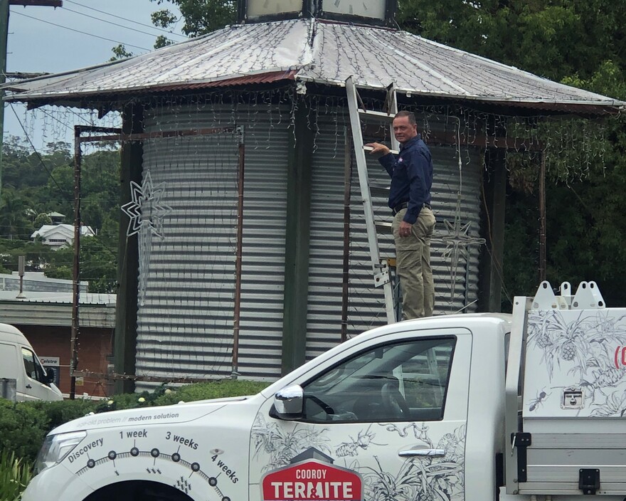 Cooroy Termite & Pest Control Pic 1 - Shane putting up Christmas lights at the clock tower in Cooroy