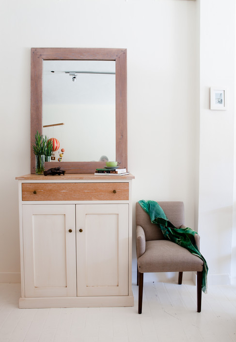 Sia & me Pic 1 - Oak and Pine Buffet Mirror and Carver upholstered in polish linen all handcrafted by Sia me