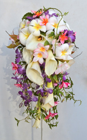 Ivy Florist Pic 2 - tropical cascading fresh flowers frangipani and orchid with arum lily wedding bouquet