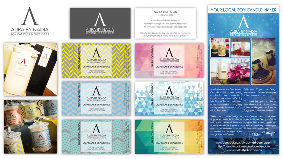 Graphic Design by Nadia Cattapan Pic 1 - Aura by Nadia Soy Candles Branding logo business card labels DL Pamphlet