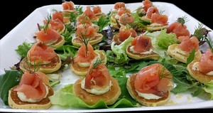 Cakebread Catering Pic 3 - From our catering Menu Baby Pancakes topped with Smoked Salmon Cream Cheese Dill