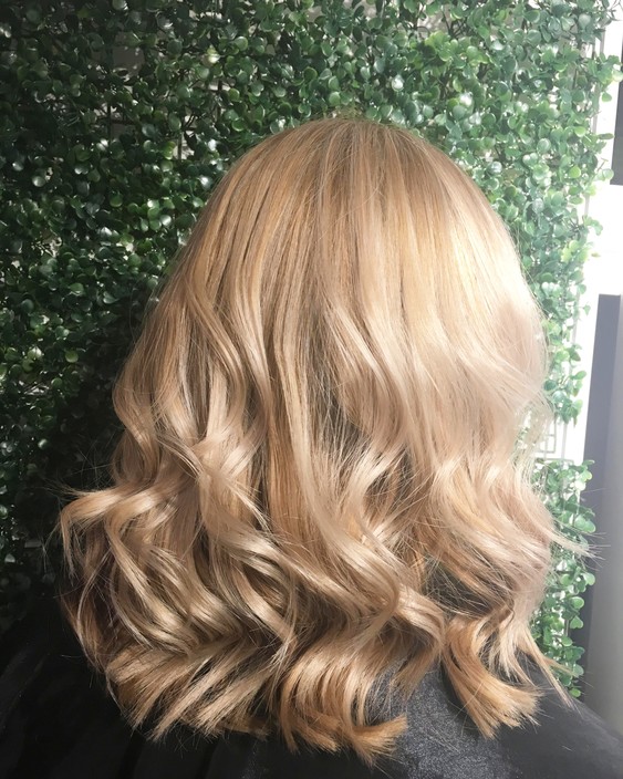 50 Shades Of Blonde Pic 1 - Glossy creamy almond blonde root tint Covering grey regrowth T Section of blonde foils followed by toner Soft curls to finish off