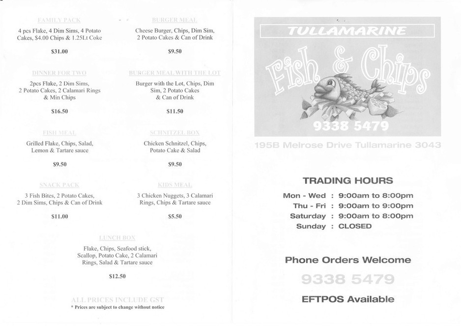 Tullamarine Fish & Chips Shop Pic 2 - Menu page 1