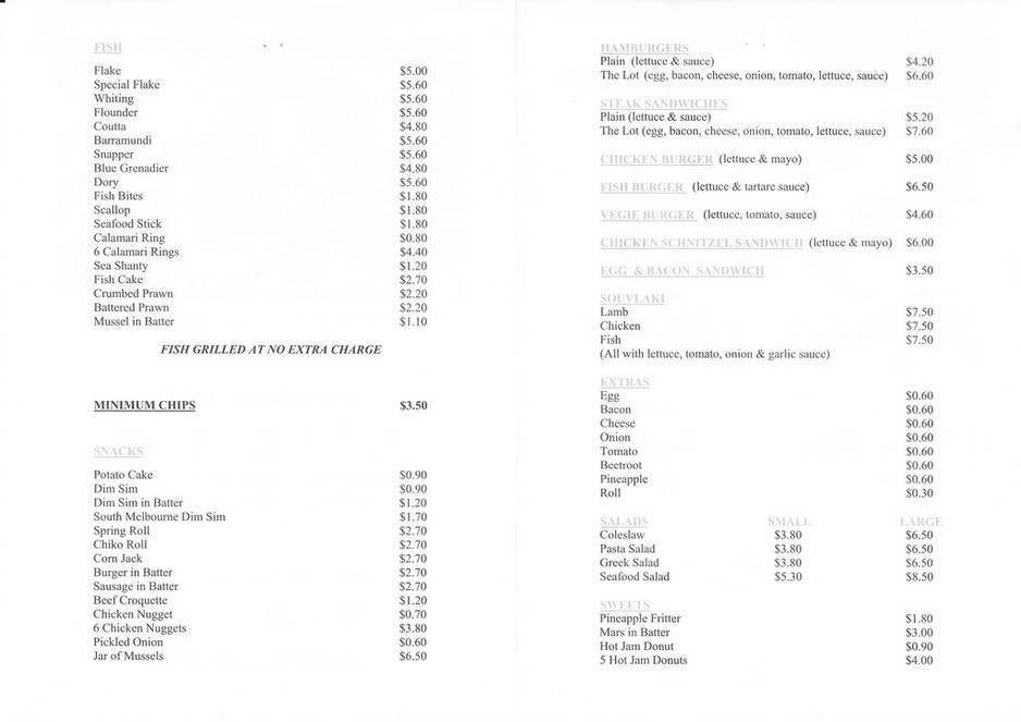 Tullamarine Fish & Chips Shop Pic 1 - Menu page 2