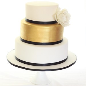 Sweet White Box Pic 2 - 3 tier gold and white wedding cake with white sugar peony flower