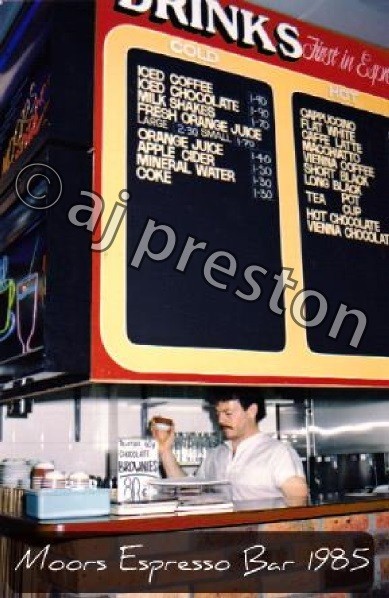 Moors Espresso Bar Pic 1 - Alan Preston Moors Espresso Bar around 1985 First cafe menu with Flat White in Sydney