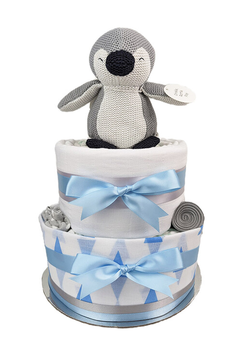 Nappy Cakes By Emma Pic 1 - Two Tier Baby Boy Blue Penguin Nappy Cake