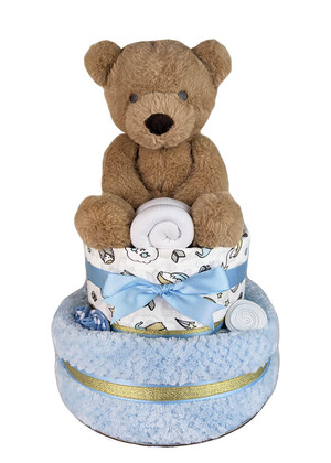 Nappy Cakes By Emma Pic 2 - Two Tier Baby Boy Brown Bear Nappy Cake