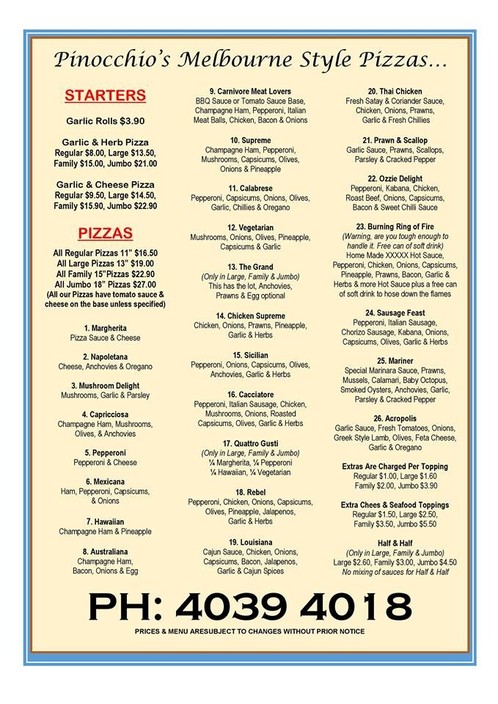 Pinocchio's Pizzeria Pic 1 - Pizza Menu