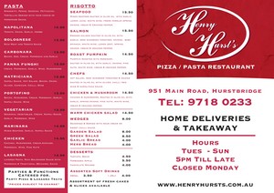 Henry Hurst;s Pizza & Pasta Restaurant Pic 2 - Take Away Pasta Menu