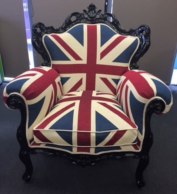 Upholstery By Design Pic 1 - Chair stripped back to bare frame repolished in black and reupholstered in the British Flag