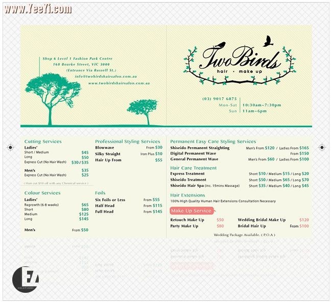 Two Birds Hair & Makeup Salon Pic 1 - Price list