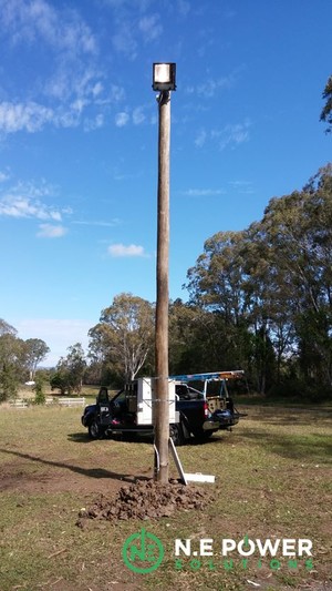 N.E Power Solutions Pty Ltd Pic 4 - Relocated meter box from the house to allow demolition Property pole was installed to house meter box 70W Metal Halide flood light was installed on pole for security