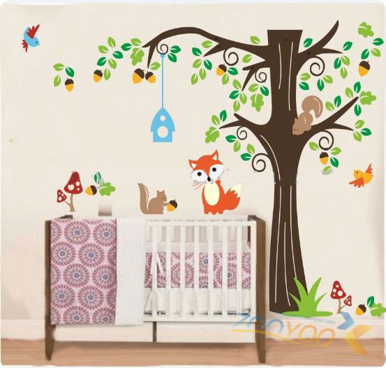 Wall Stickers and Decals Australia Pic 1 - A lovely forest scene that will appeal to boys and girls featuring a large tree with two cute squirrels green leaves and yellow acorns There is a cute orange fox two songbirds