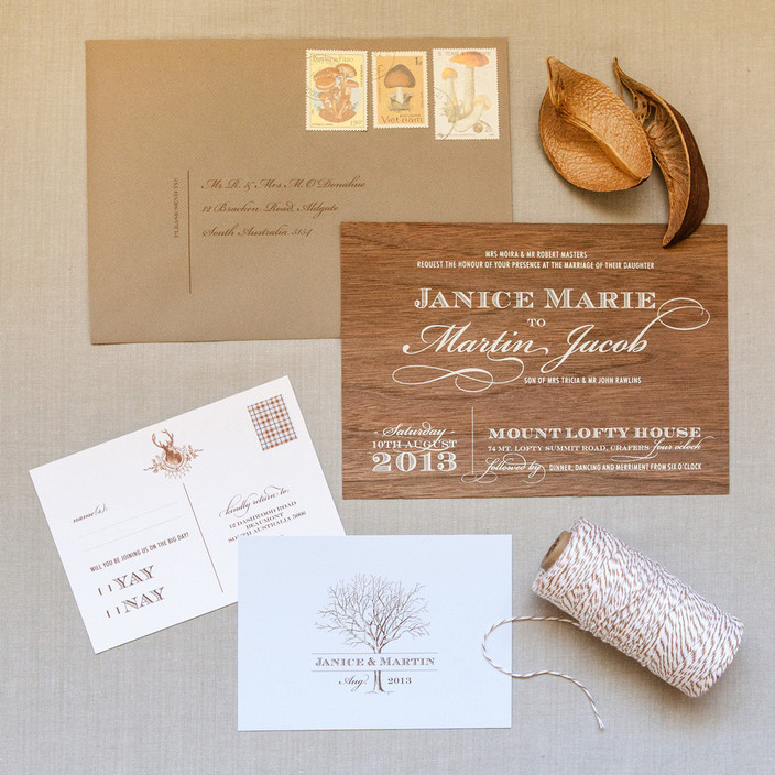 Akimbo Pic 1 - Enchanted Forest real timber invitation for rustic elegant Adelaide Hills winter wedding by Akimbo