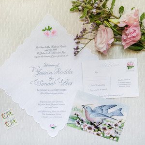 Akimbo Pic 2 - Garden Path embroidered screenprinted handkerchief invitation for Adelaide Hills spring garden wedding by Akimbo