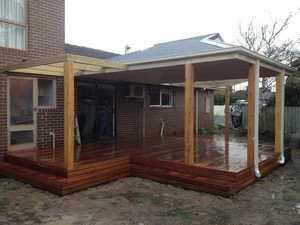 Kellis constructions Pic 2 - Outdoor entertaining areaIncluding Spotted Gum Decking140 Cypress pine posts Dutch gable roof Pine lined ceiling Color bond roof Plans and Permite