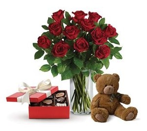 Wild Blooming Bunch Florist Pic 3 - 12 long stem roses chocolates and teddy