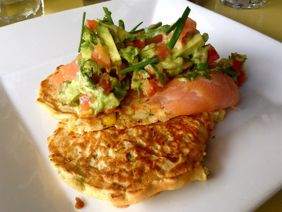 Yuga Floral Design Pic 1 - Corn Coriander Fritters topped with avocado tomato salsa with Salmon