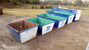 Ninja Skip Bins Pic 2 - Bins side by side 2 meter 3 meter 4 meter 6 meter and 10 meter bin sizes