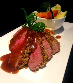 Montague's Restaurant Pic 3 - Dukka encrusted Lamb Rump served on a bed of silky mash and homestyle sauce