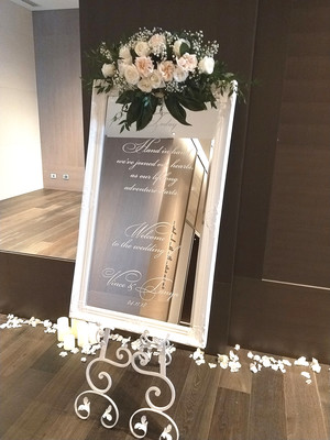 Wedding and Event Hire Pic 3 - Welcome sign on the White Vintage Mirrror with white writing