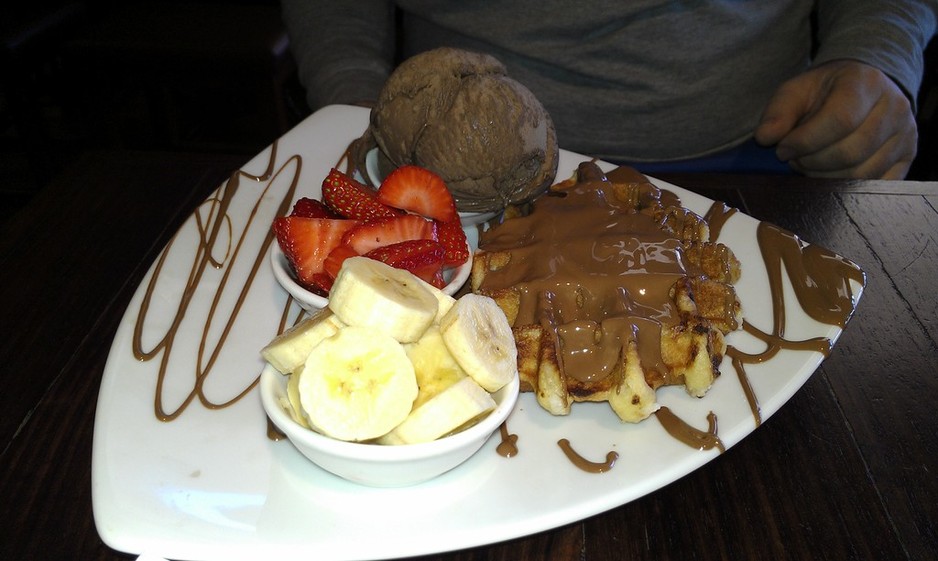 Max Brenner Chocolate Bar Pic 1 - waffle with fresh fruit and ice cream