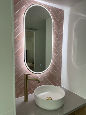 Flow Plumbing & Gas Services pty ltd Pic 2 - Beautiful pink feature wall paired with ABI brushed brass fixtures and an amazing mirror