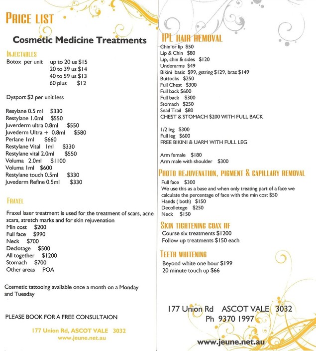 Jeune Cosmetic Medicine Specialists Pic 2 - Price List