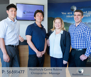 Healthstyle Centre Pic 3 - Chiropractors Dr Adam Smith and Dr Yusuke Sakabe with massage therapist Kazu and receptionist Sonia