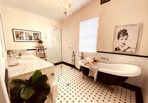 Rosealynd House Interior Design Pic 2 - Victorian Bathroom Black clawfoot bathtub Paris Glamour in styling Practical double marble vanity large walkin shower Ive created many bathrooms for clients but this one suited the 1880 heritage house perfectly