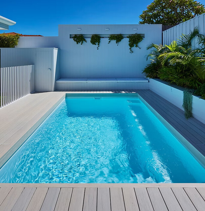 Pool Envy Pic 1 - A serene backyard with a sparkling blue fibreglass swimming pool surrounded by lush green lawn and modern landscaping perfect for family relaxation in Adelaide