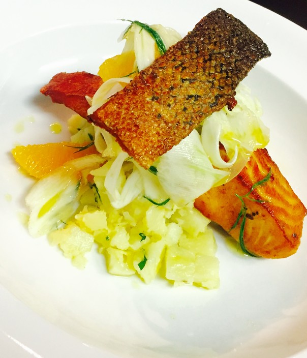 New Aromas Cafe Pic 1 - Crispy skin Atlantic salmon creme fraiche orange fennel salad