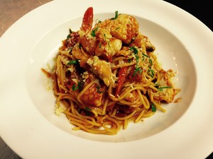 New Aromas Cafe Pic 5 - Spaghetti green king prawn barramundi squid tomato basil sauce