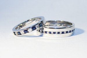 Jason Withers Original Diamonds Pic 5 - White diamond and blue sapphire wedding band sets