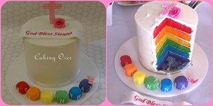 Caking Over Pic 5 - A six layer rainbow white chocolate mud cake coated in white chocolate buttercream not fondant