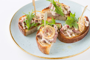 Alere Restaurant Pic 5 - Poached veal pinchitos capers tuna emulsion mizuna burnt lemon