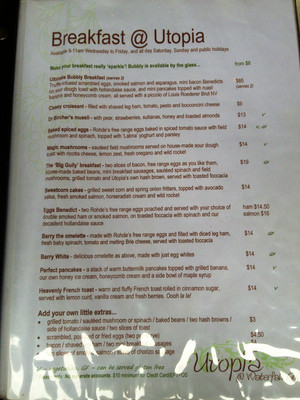 Utopia @ Waterfall Gully Pic 5 - Breakfast Menu