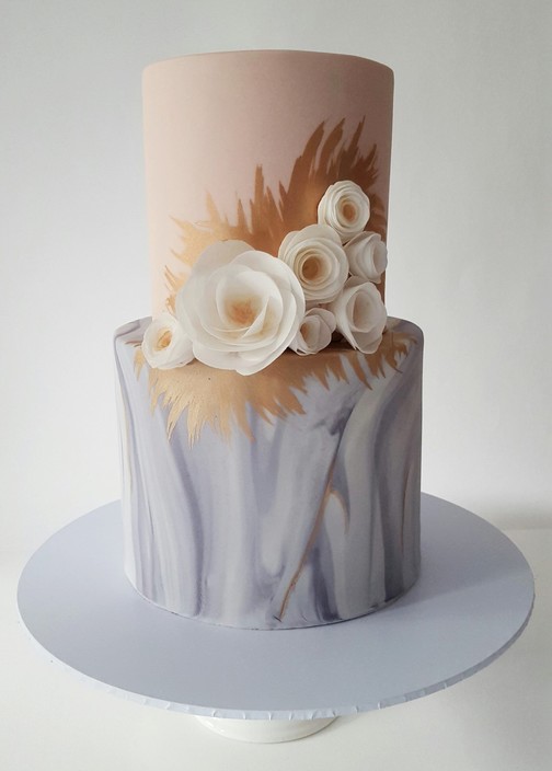 One More Slice Cake Design Pic 1 - Marbled greys with peach rose gold and wafer paper flowers