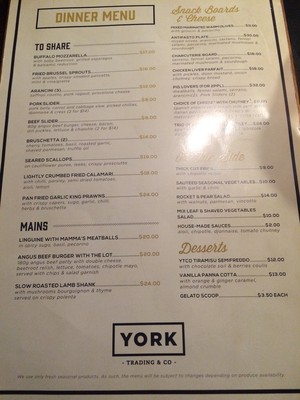 York Trading & Co Pic 2 - Menu