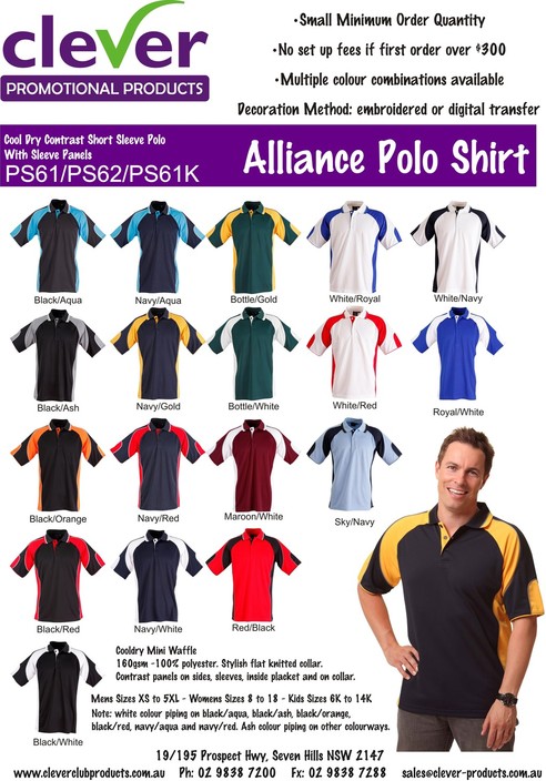 Clever Promotional Products Pic 1 - Alliance polo Shirts 18 colour ways XS to 5XL Mens 8 tp 18 Womens and 614 kids