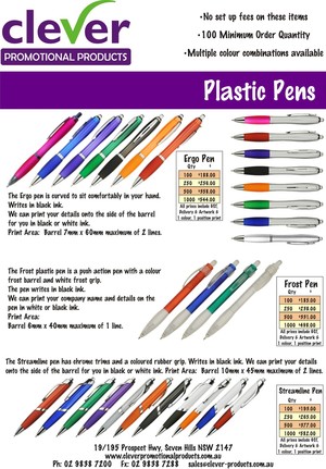 Clever Promotional Products Pic 2 - Min buy is 100 pens printed with your business name No Set Up Charge on these pens