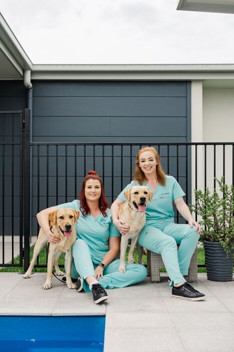 Mackay Mobile Vets Pic 1 - Dr Lisa and Dr Lucinda with Trigger and Griggby the yellow Labradors