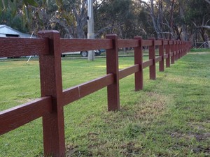 Post 'N' Rail Pic 2 - 2 rail concrete post and rail fence in Redgum colour