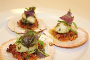 Broadbean Catering Pic 5 - Scallops roasted in the half shell with tomato parsley and chorizo salsa