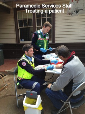 Paramedic Services Pic 2 - Two Paramedic Services staff assess and treat an injury to a patient at an event