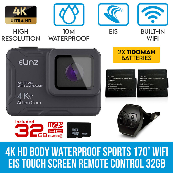 Elinz Pic 1 - Elinz 4K HD Body Waterproof Sports 170 deg Wifi EIS Touch Screen Remote Control 32gb